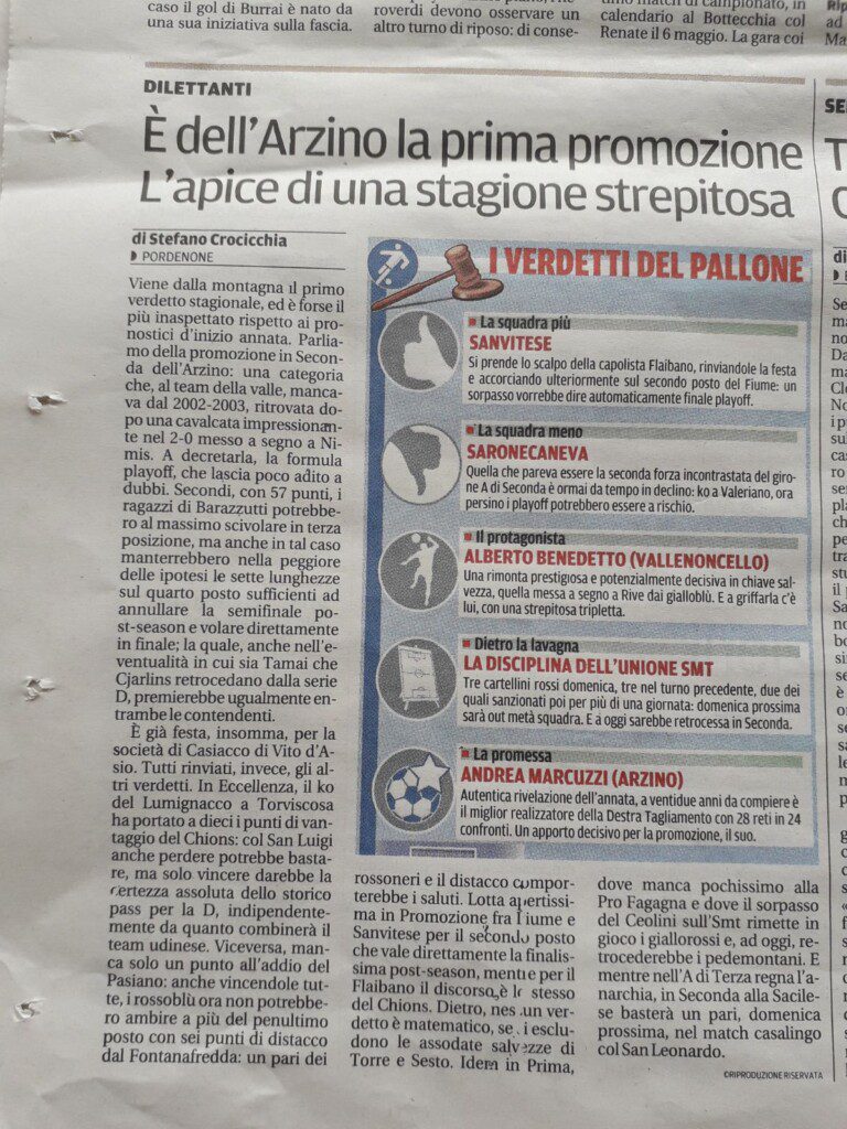 L'Arzino promosso in seconda.