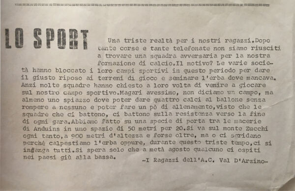 1980, giornale parrocchiale di vito d'asio - si sente l'assenza di un campo di calcio in val d'arzino